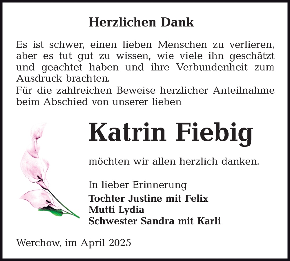  Traueranzeige für Katrin Fiebig vom 05.04.2025 aus Lausitzer Rundschau