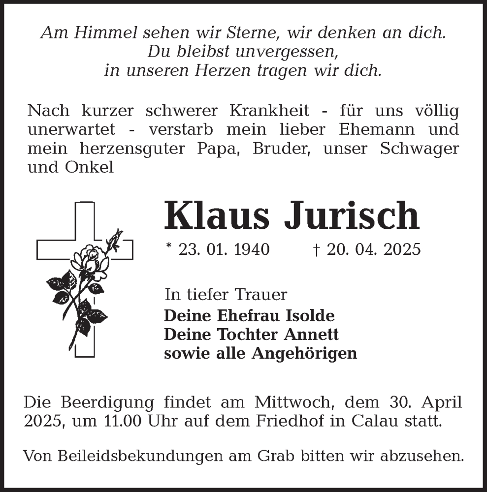 Traueranzeige für Klaus Jurisch vom 26.04.2025 aus Lausitzer Rundschau
