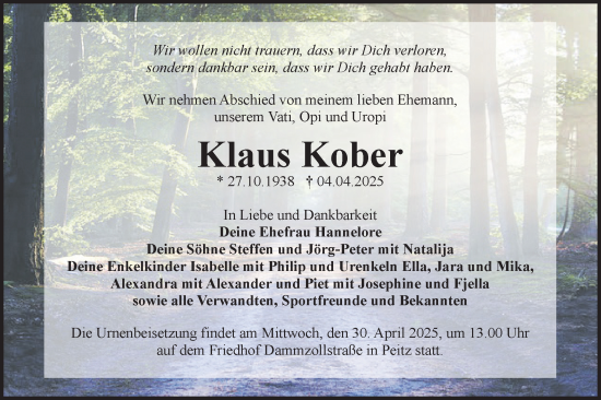 Traueranzeige von Klaus Kober von Lausitzer Rundschau