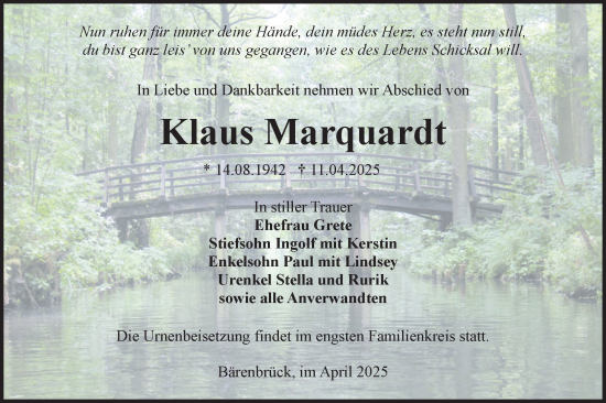 Traueranzeige von Klaus Marquardt von Lausitzer Rundschau