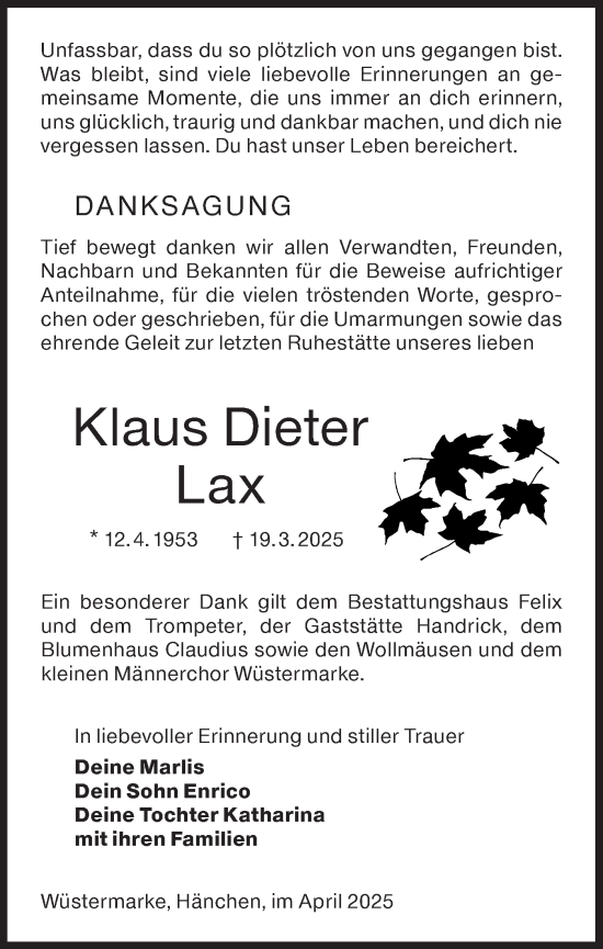 Traueranzeige von Klaus Dieter Lax von Lausitzer Rundschau