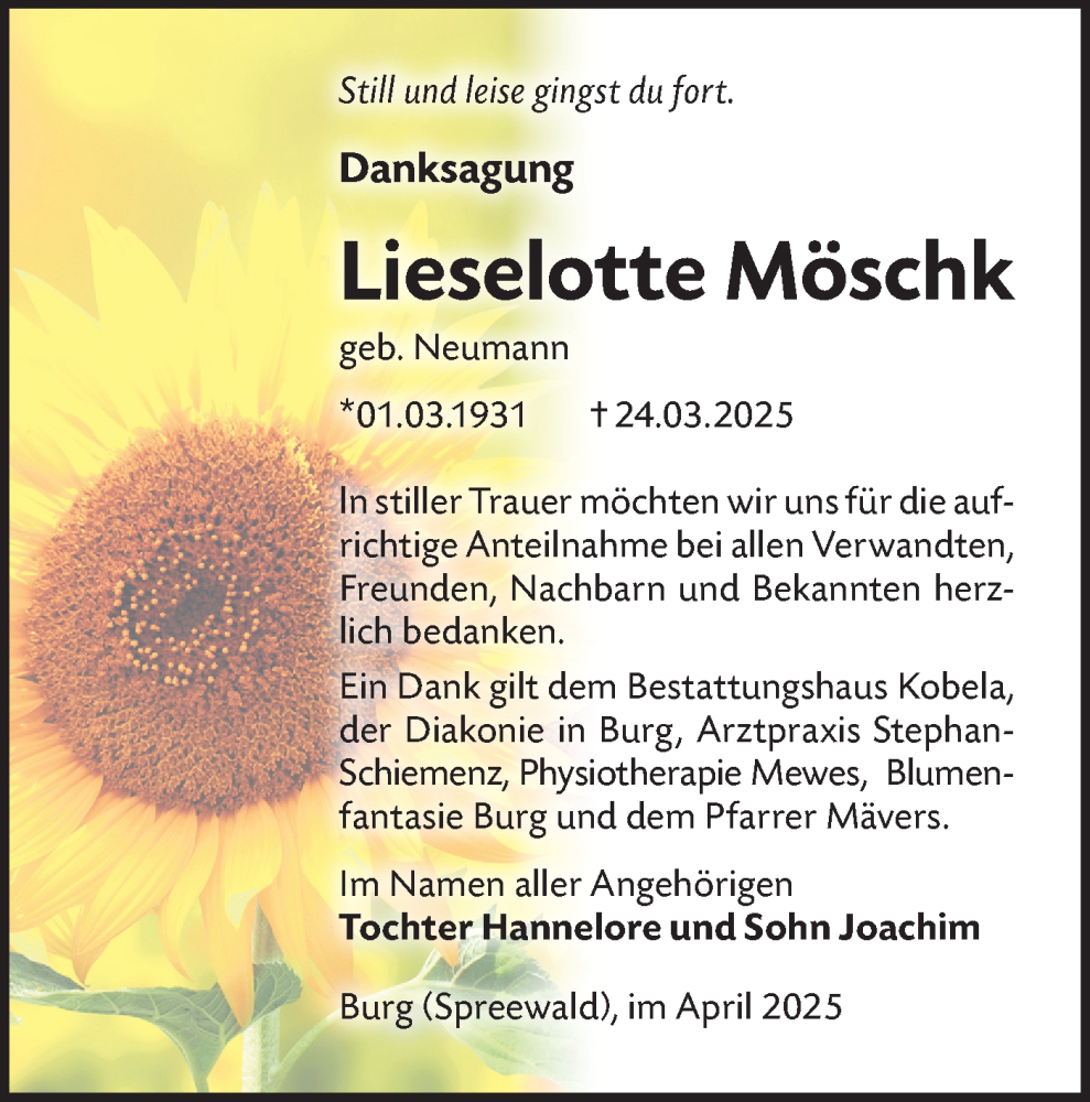  Traueranzeige für Lieselotte Möschk vom 19.04.2025 aus Lausitzer Rundschau