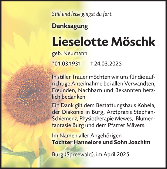 Traueranzeige von Lieselotte Möschk von Lausitzer Rundschau