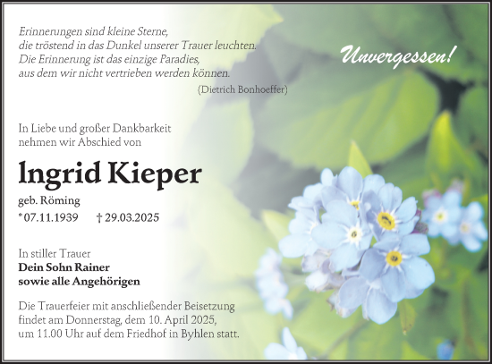 Traueranzeige von lngrid Kieper von Lausitzer Rundschau