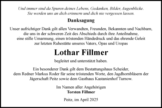 Traueranzeige von Lothar Fillmer von Lausitzer Rundschau