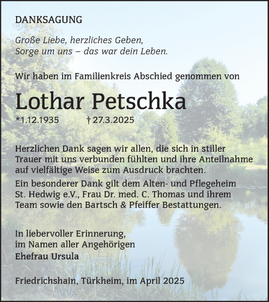 Traueranzeige von Lothar Petschka von Lausitzer Rundschau