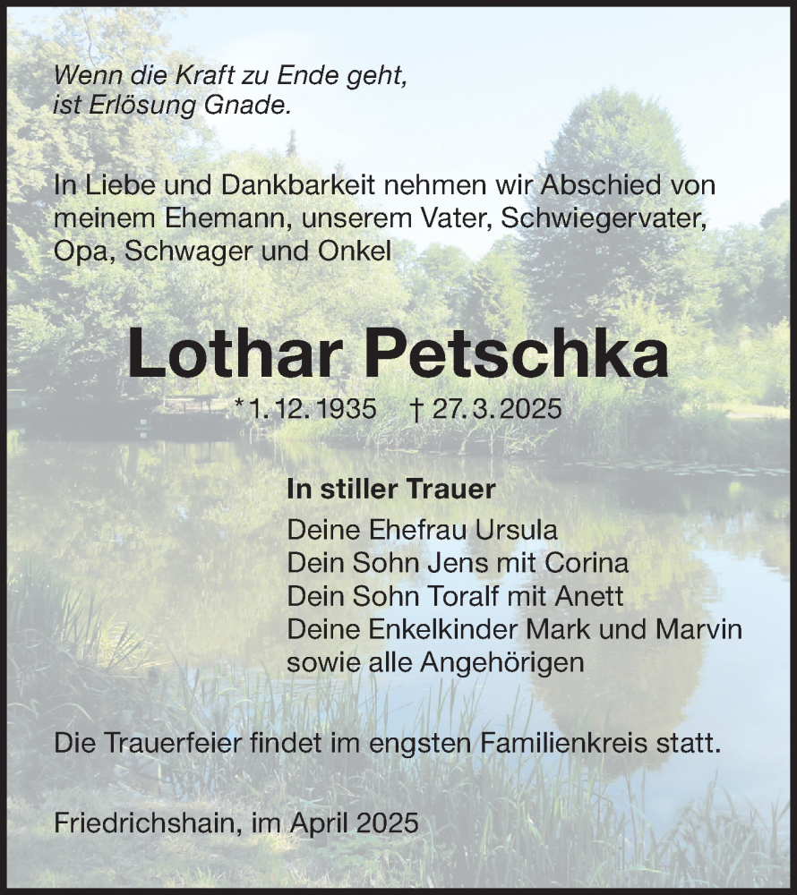  Traueranzeige für Lothar Petschka vom 12.04.2025 aus Lausitzer Rundschau