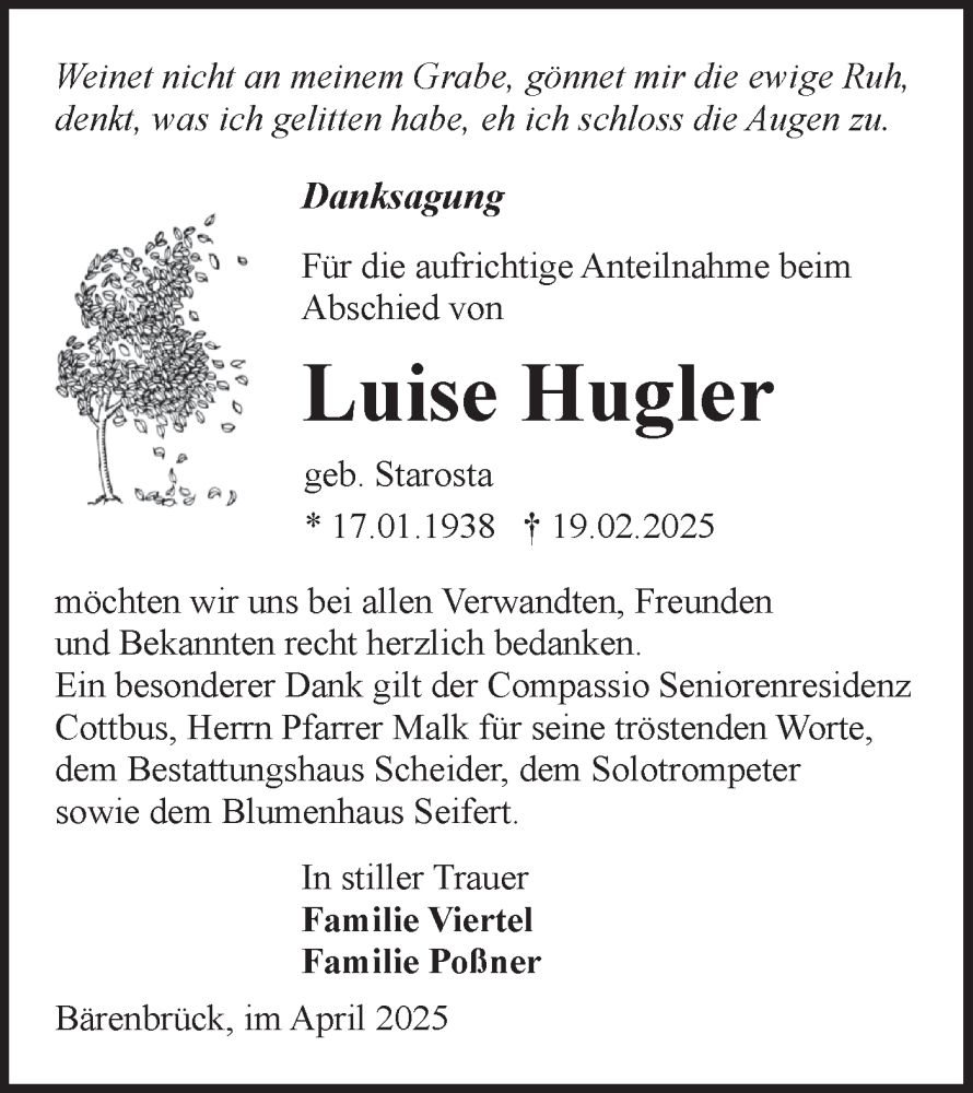  Traueranzeige für Luise Hugler vom 05.04.2025 aus Lausitzer Rundschau