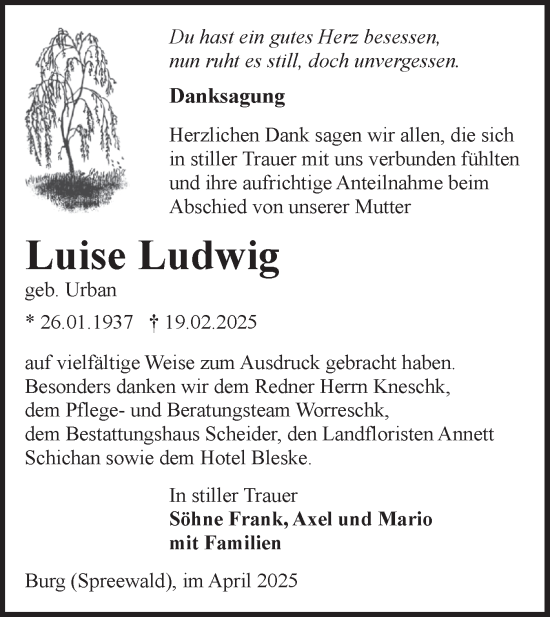 Traueranzeige von Luise Ludwig von Lausitzer Rundschau