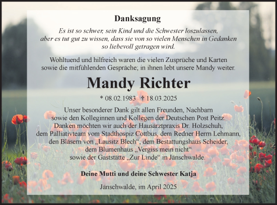Traueranzeige von Mandy Richter von Lausitzer Rundschau