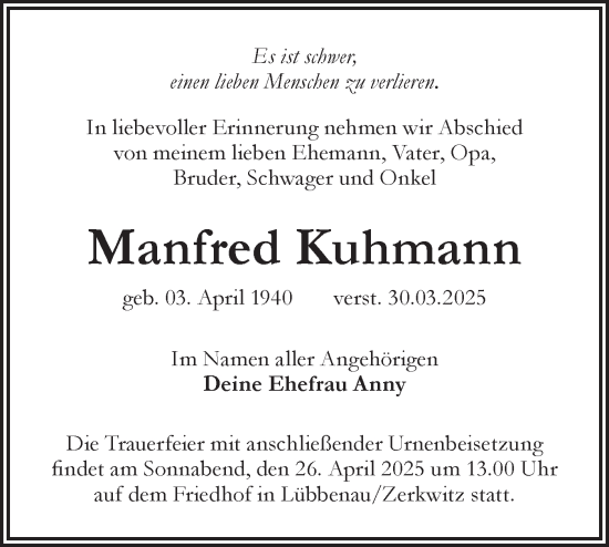 Traueranzeige von Manfred Kuhmann von Lausitzer Rundschau