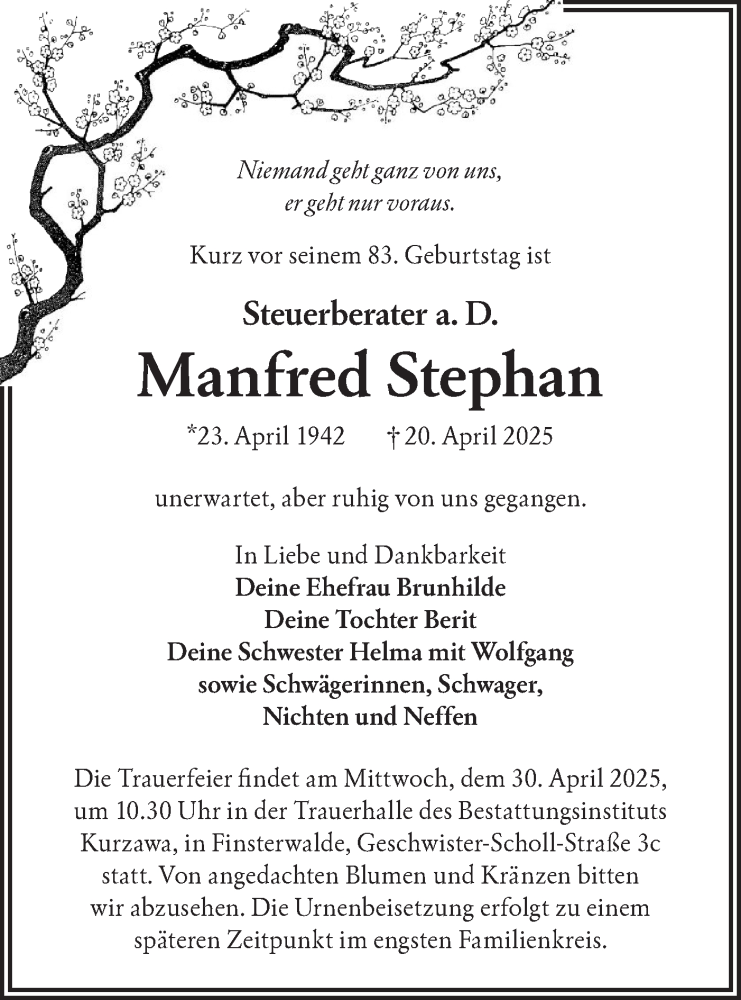  Traueranzeige für Manfred Stephan vom 26.04.2025 aus Lausitzer Rundschau