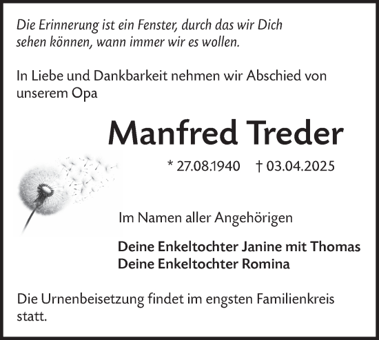 Traueranzeige von Manfred Treder von Lausitzer Rundschau