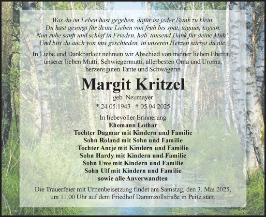 Traueranzeige von Margit Kritzel von Lausitzer Rundschau