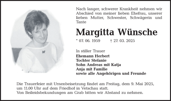 Traueranzeige von Margitta Wünsche von Lausitzer Rundschau