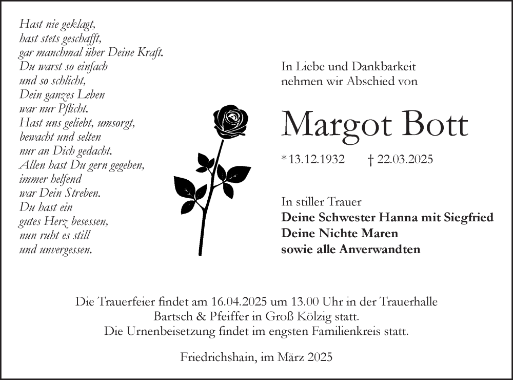  Traueranzeige für Margot Bott vom 12.04.2025 aus Lausitzer Rundschau