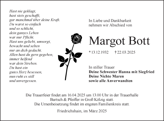 Traueranzeige von Margot Bott von Lausitzer Rundschau