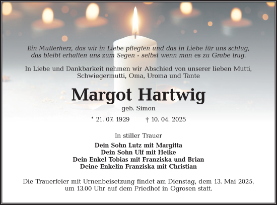 Traueranzeige von Margot Hartwig von Lausitzer Rundschau