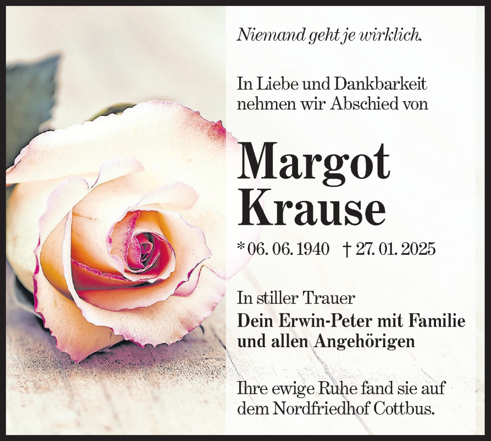  Traueranzeige für Margot Krause vom 26.04.2025 aus Lausitzer Rundschau