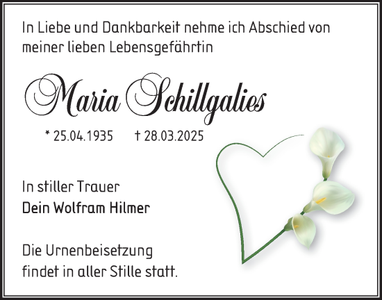 Traueranzeige von Maria Schillgalies von Lausitzer Rundschau