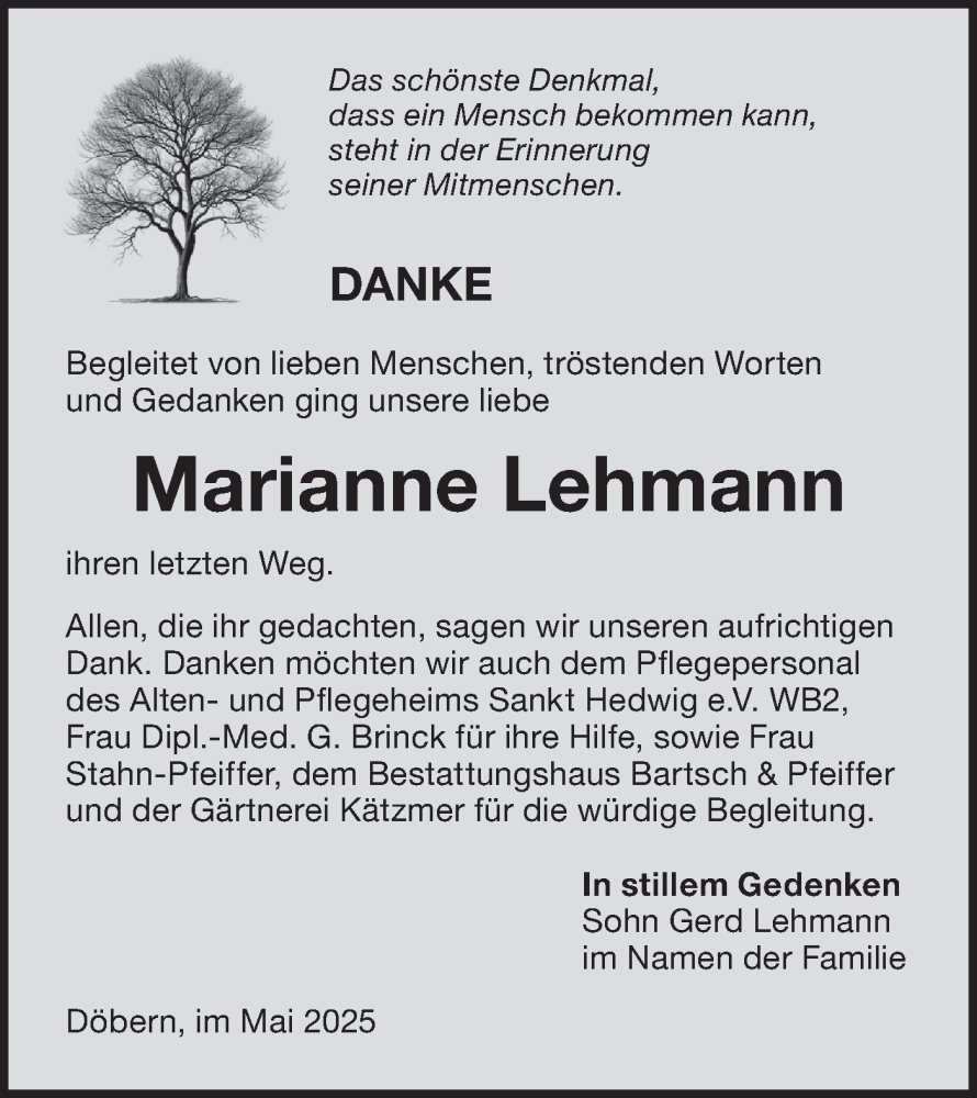  Traueranzeige für Marianne Lehmann vom 19.04.2025 aus Lausitzer Rundschau