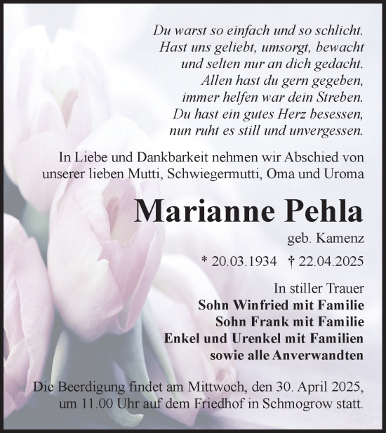 Traueranzeige von Marianne Pehla von Lausitzer Rundschau