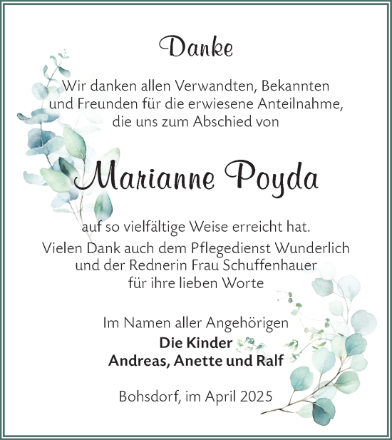 Traueranzeige von Marianne Poyda von Lausitzer Rundschau