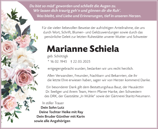 Traueranzeige von Marianne Schiela von Lausitzer Rundschau