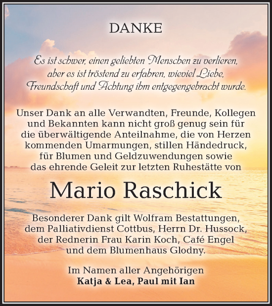 Traueranzeige von Mario Raschick von Lausitzer Rundschau