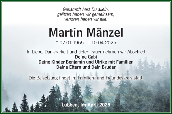 Traueranzeige von Martin Mänzel von Lausitzer Rundschau