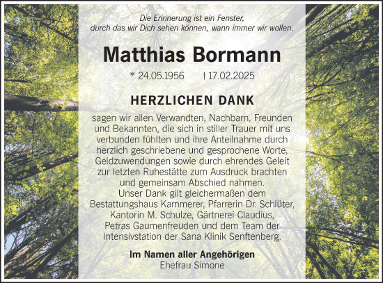 Traueranzeige von Matthias Bormann von Lausitzer Rundschau