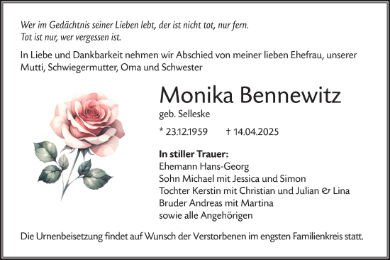 Traueranzeige von Monika Bennewitz von Lausitzer Rundschau