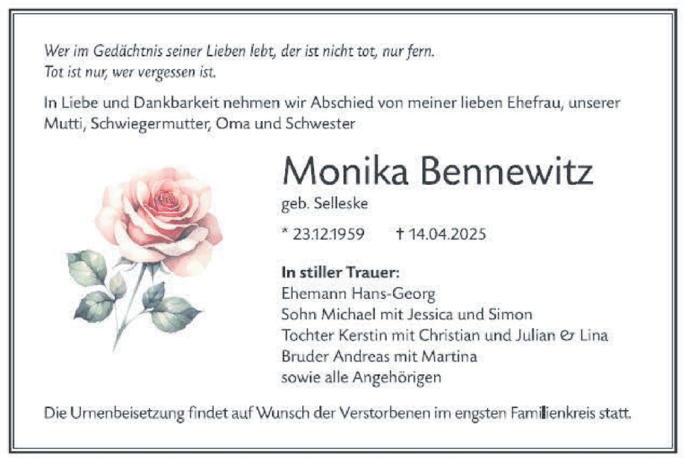  Traueranzeige für Monika Bennewitz vom 23.04.2025 aus Lausitzer Rundschau