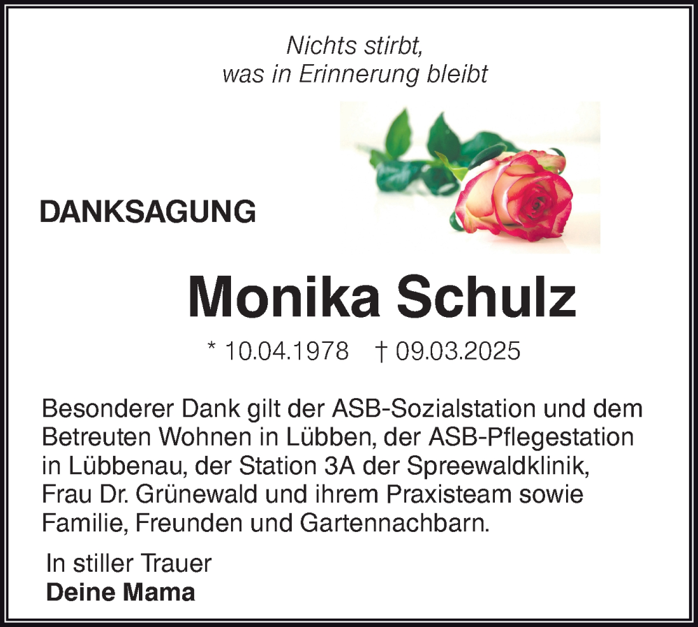 Traueranzeige für Monika Schulz vom 19.04.2025 aus Lausitzer Rundschau