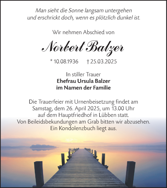 Traueranzeige von Norbert Balzer von Lausitzer Rundschau