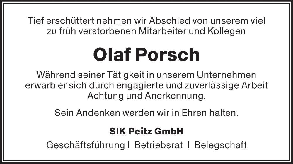  Traueranzeige für Olaf Porsch vom 26.04.2025 aus Lausitzer Rundschau