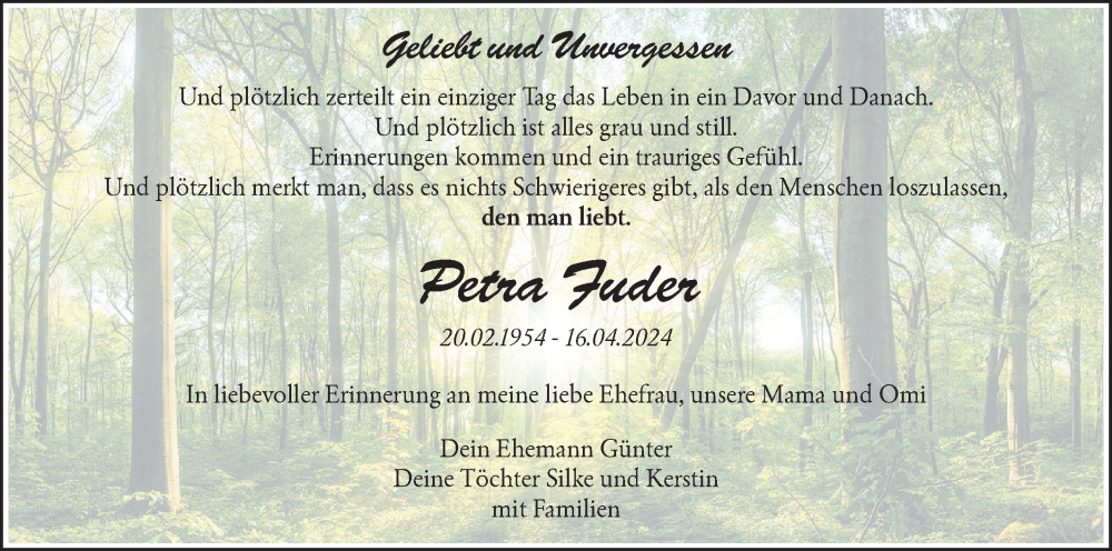  Traueranzeige für Petra Fuder vom 19.04.2025 aus Lausitzer Rundschau