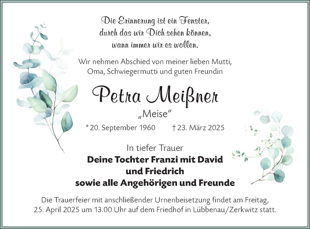  Traueranzeige für Petra Meißner vom 12.04.2025 aus Lausitzer Rundschau
