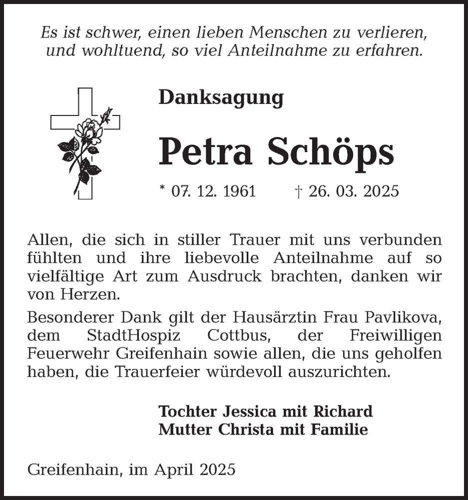  Traueranzeige für Petra Schöps vom 26.04.2025 aus Lausitzer Rundschau