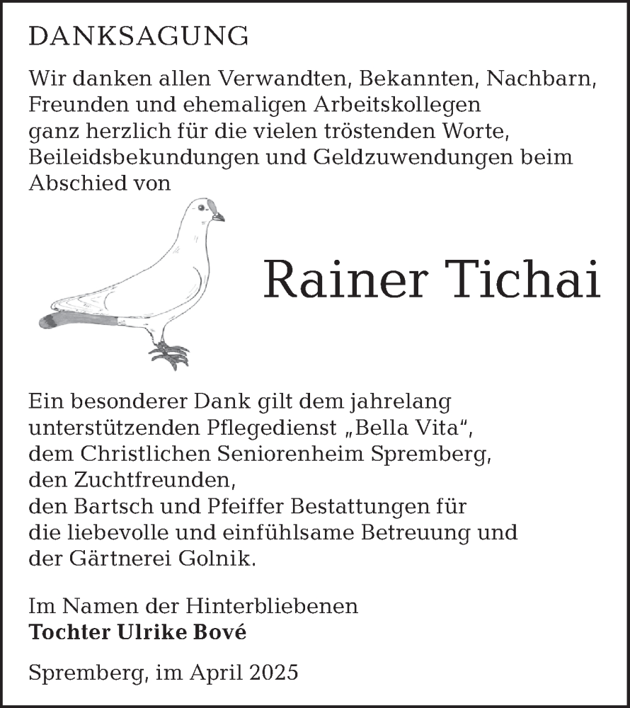  Traueranzeige für Rainer Tichai vom 19.04.2025 aus Lausitzer Rundschau