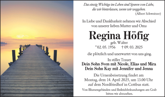 Traueranzeige von Regina Höfig von Lausitzer Rundschau