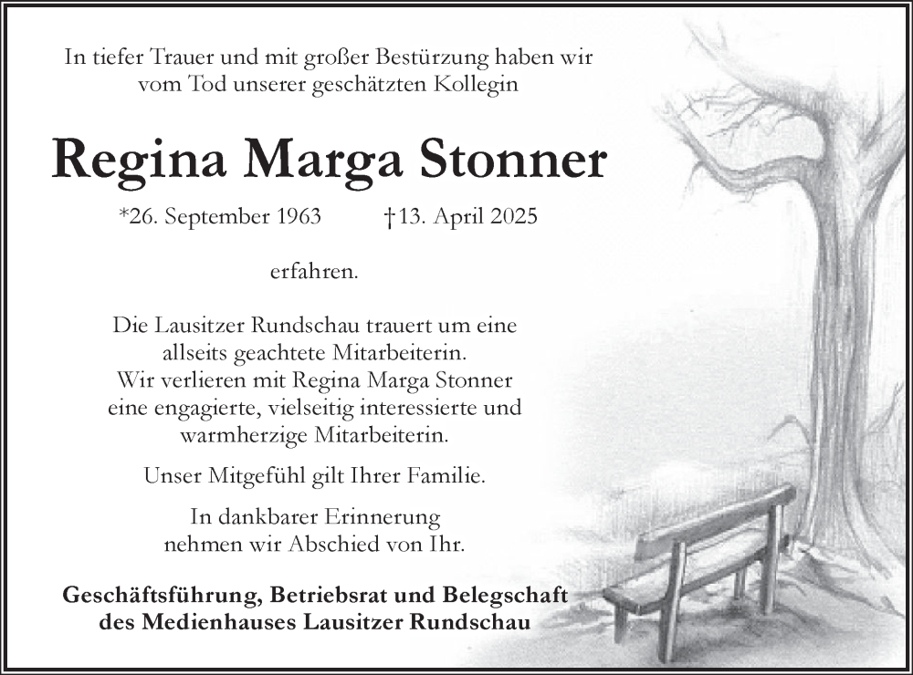  Traueranzeige für Regina Marga Stonner vom 26.04.2025 aus Lausitzer Rundschau