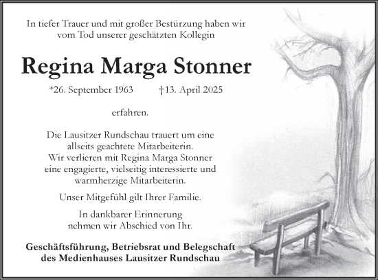 Traueranzeige von Regina Marga Stonner von Lausitzer Rundschau