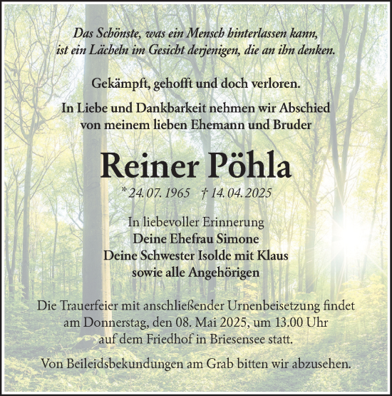 Traueranzeige von Reiner Pöhla von Lausitzer Rundschau