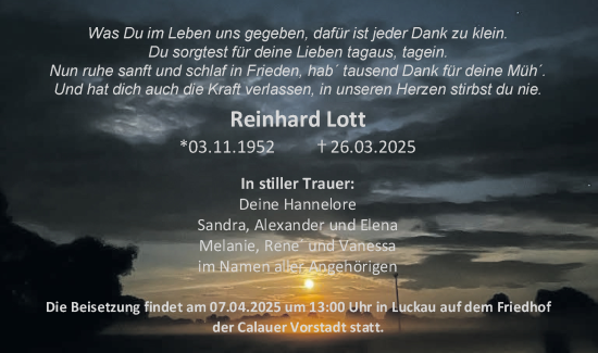 Traueranzeige von Reinhard Lott von Lausitzer Rundschau