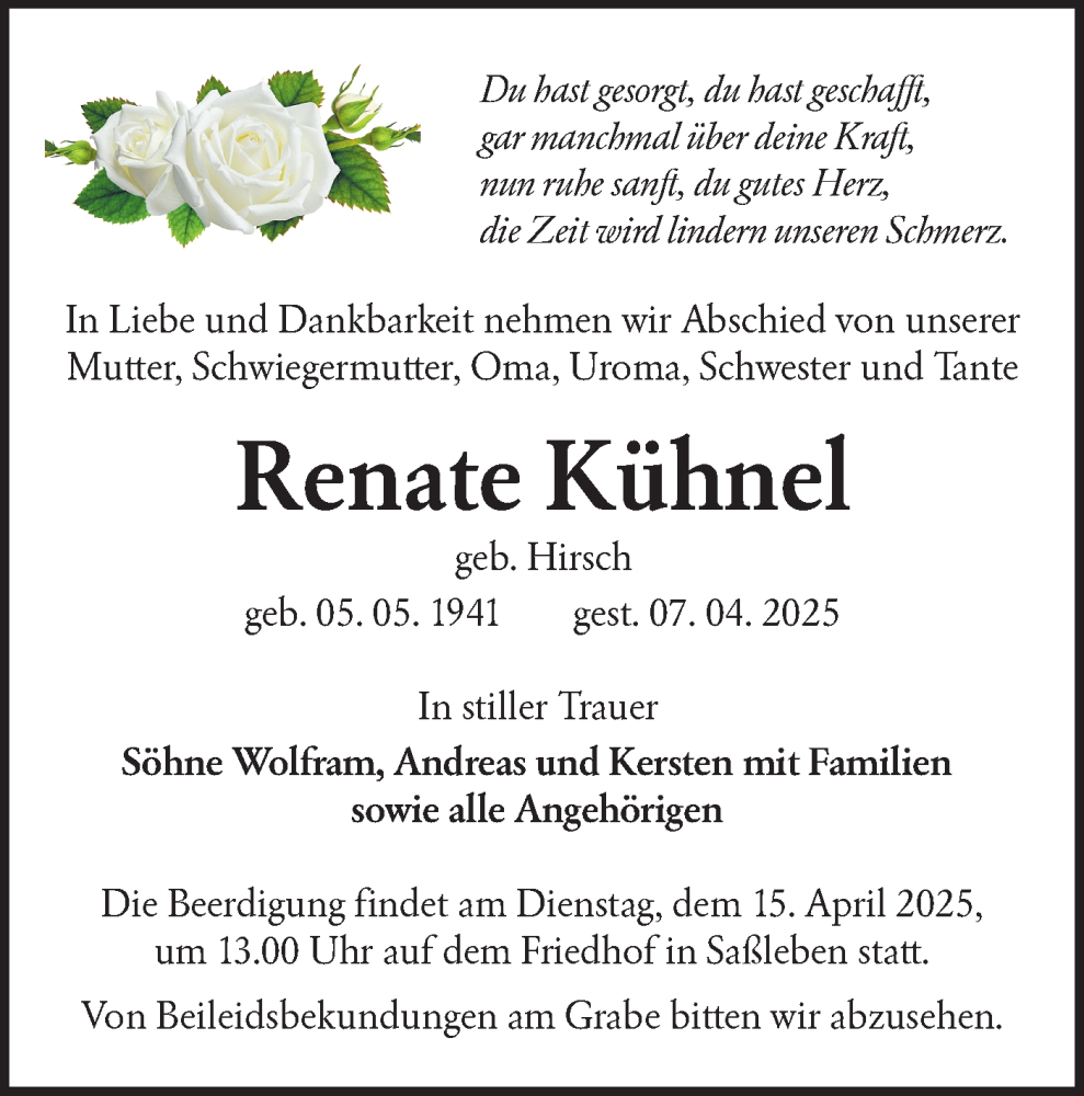  Traueranzeige für Renate Kühnel vom 12.04.2025 aus Lausitzer Rundschau