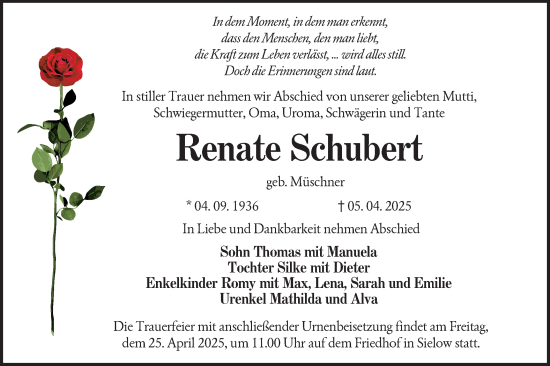 Traueranzeige von Renate Schubert von Lausitzer Rundschau