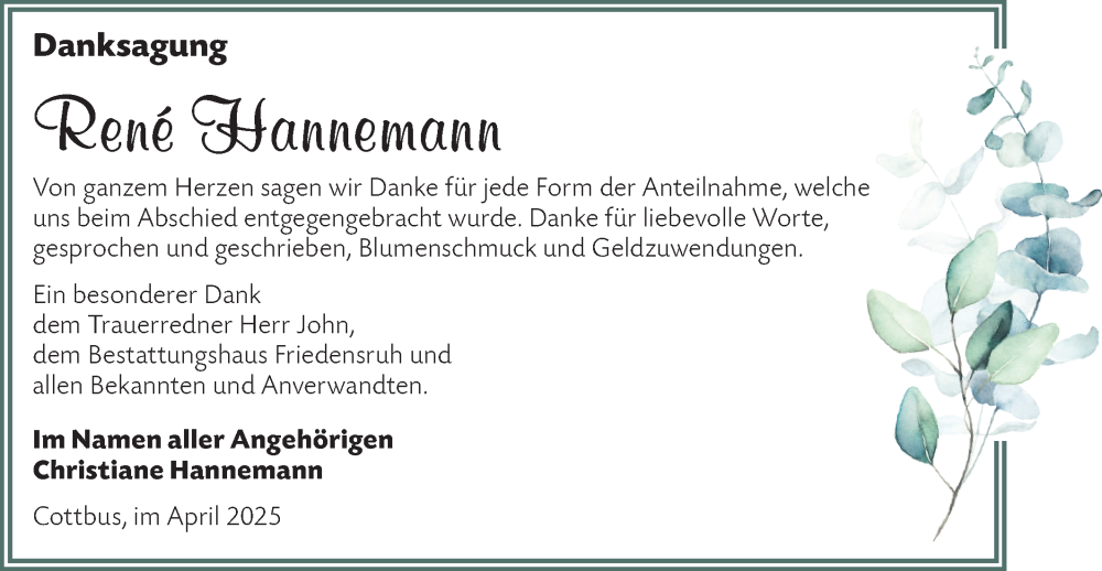  Traueranzeige für Rene Hannemann vom 12.04.2025 aus Lausitzer Rundschau