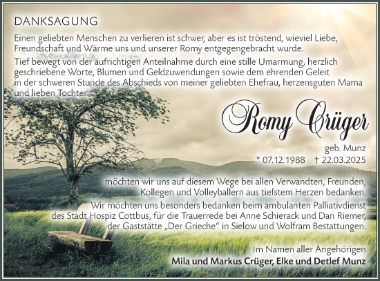 Traueranzeige von Romy Crüger von Lausitzer Rundschau