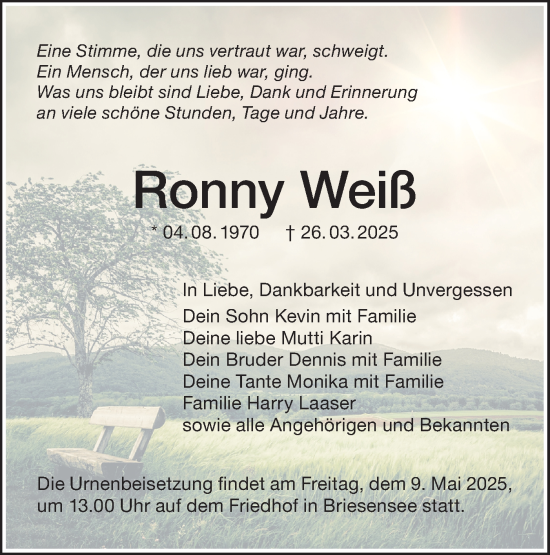 Traueranzeige von Ronny Weiß von Lausitzer Rundschau